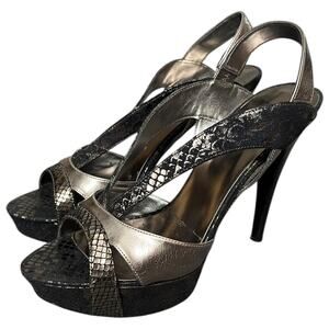GUESS Black Gold Snakeskin Platform Heels Metallic Strappy Stiletto - 9.5